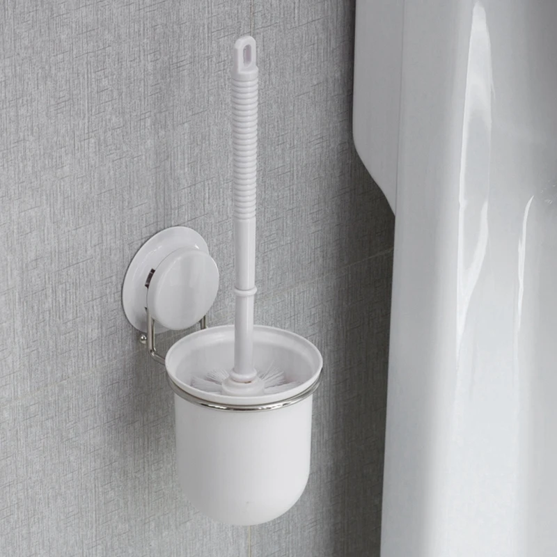 buy Bathroom Vacuum Suction Cup Toilet Brush Holder Plastic Cup with Stainless Steel Ring Toilet Brush Holder