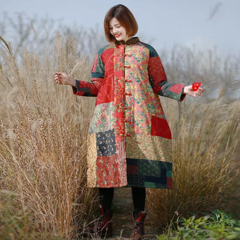 

Zhi pai Ethnic-Style Cotton-padded Clothes Women's Mid-length New Style Baijia Press Patchwork Cotton-padded Coat Literature And
