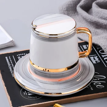 

European Sherlock Pearl glaze Ceramics Coffee Cup Sets 3pcs With Lid Dish Spoon Suit Mugs Milk Tea Coffee Drinkware 400ml
