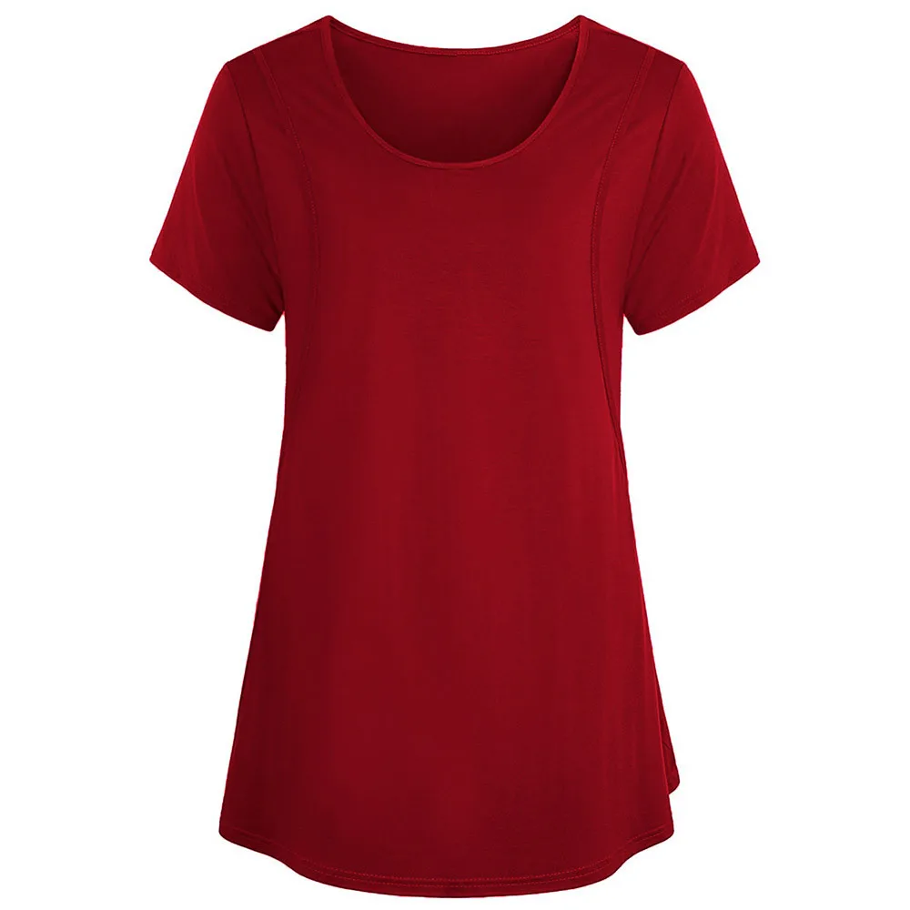 Женская рубашка для беременных, для кормящих и кормящих, для беременных, топ, блузка, одноцветная, короткий рукав, многофункциональная, модная одежда для беременных женщин - Цвет: Красный