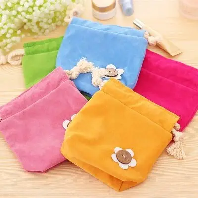 

Soft double layer candy color flannelet tote type grocery bags drawstring button small flower cosmetic bag