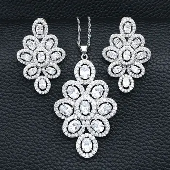 

925 Silver Bridal Jewelry Sets For Women Wedding Decoration White Cubic Zirconia Crystal Necklace/Pendant/Earrings Set