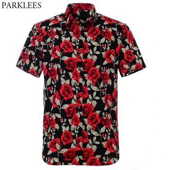 

Rose Floral Stylish Print Hawaiian Shirt Men 2020 Summer New Cotton Casual Button Down Shirts Mens Party Beach Clothing Male 2XL