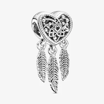 

2020 new silver color Openwork Heart three Feathers Dreamcatcher Charm Beads Fit Original Pan Charm Bracelet Jewelry Gift