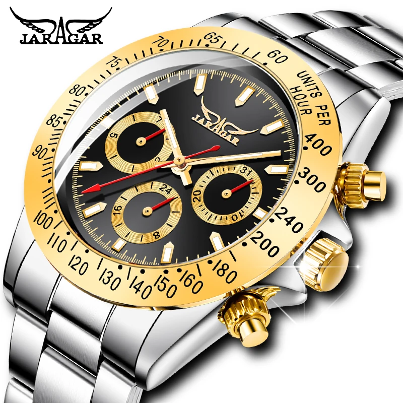 

Men Watch JARAGAR Golden Big Dial Calendar Display Steel Automatic Wrist Watches Mechanical Clock For Men Relogio Masculino