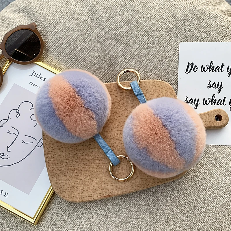 

Colorful Rex rabbit fur ball pendant cute ice cream ball keychain furry bag pendant