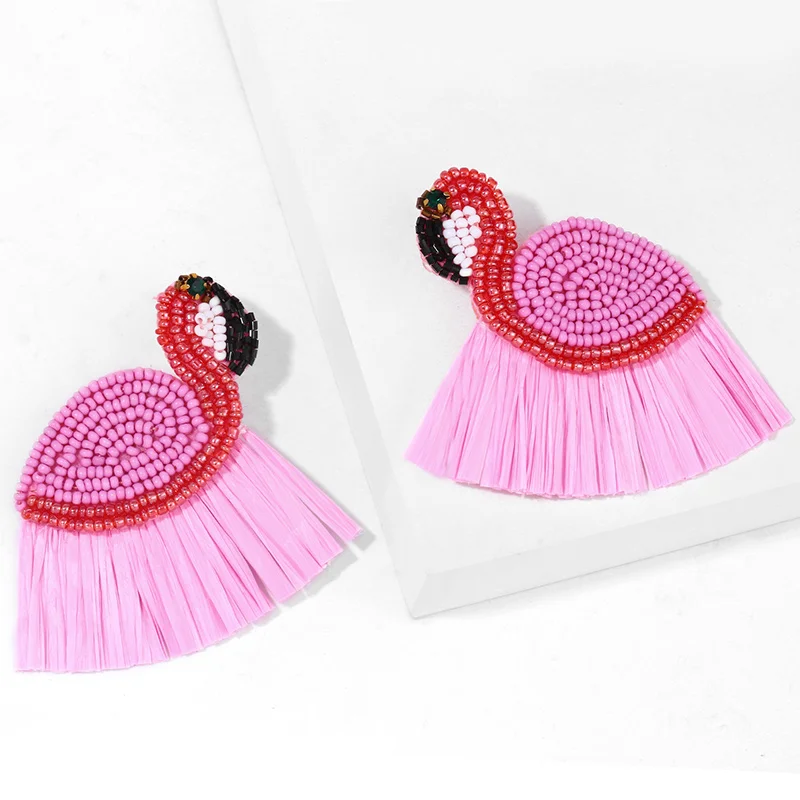 Flola Handmade Bohemian Beaded Earrings For Women Pink Flamingo 