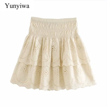 

Women fashion hollow out embroidery ruffles mini skirt faldas mujer ladies elastic waist solid chic casual skirts QUN647