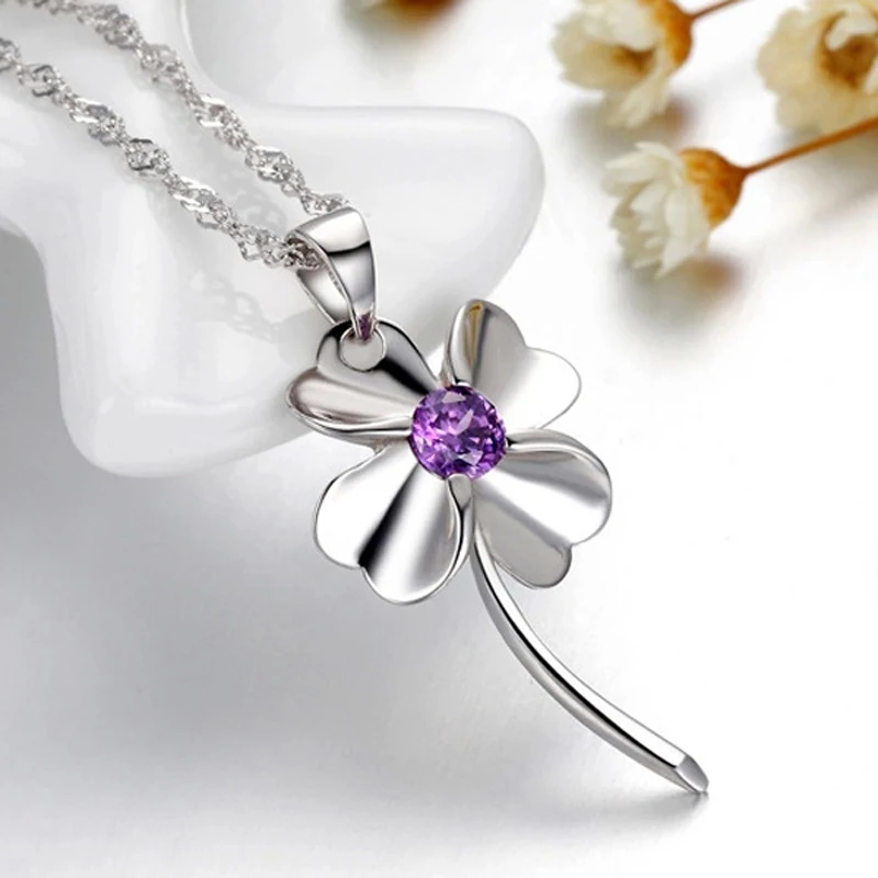 Shining Heart 4 Leaf Clover Silver Plated Metal Pendant Fashion Clear CZ Zircon Crystal Charm Jewelry For Women Necklace | Украшения и