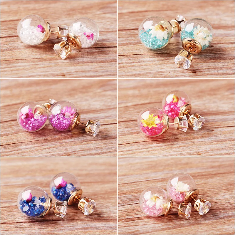 

Exquisite Fragment Rhinestone Dried Flower Stud Earrings Women Party Prom Fashion Double-sided Glass Ball Ear Jewelry Gifts