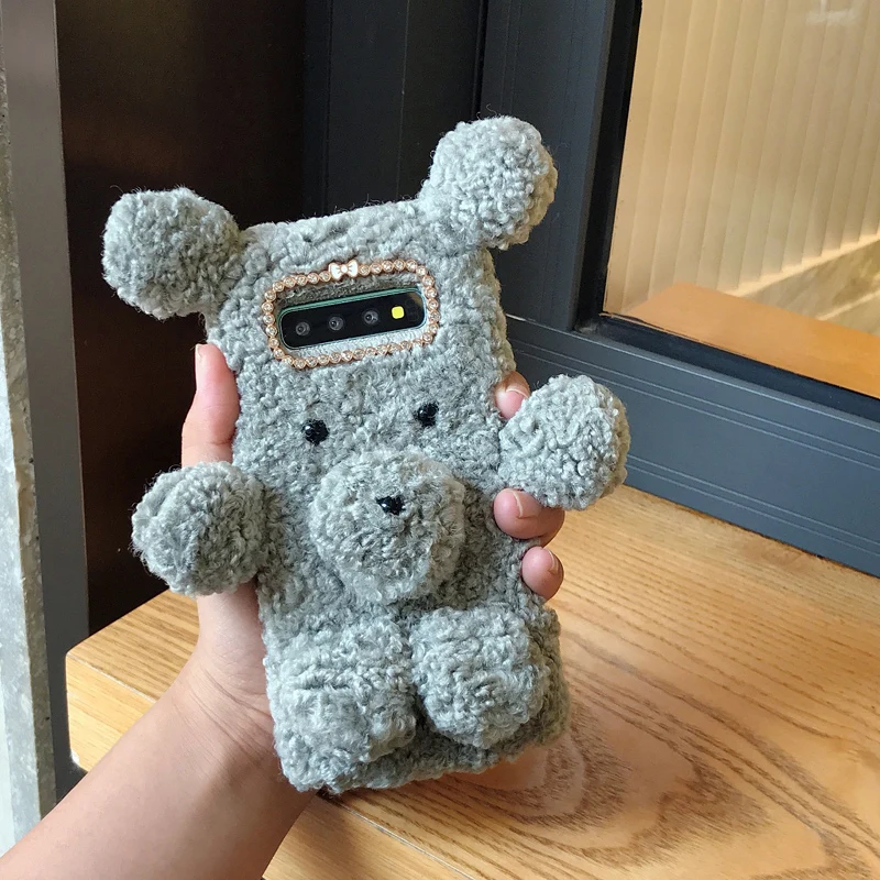 Зеленый 3D чехол с милым плюшевым медведем для samsung Note 10 8 9, теплые пушистые мягкие чехлы с хрустальным окошком для samsung Galaxy S10 S9 Plus - Цвет: Зеленый