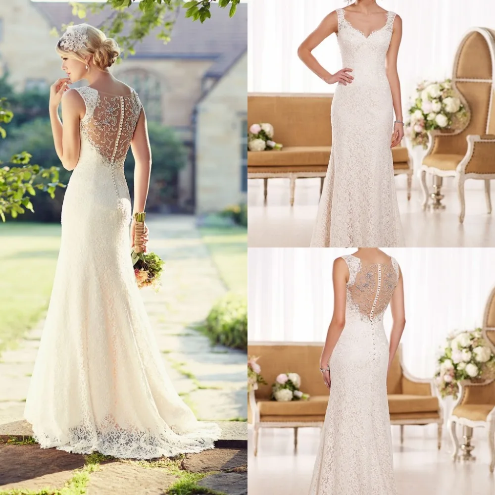 

2020 Wedding Dresses A-Line Elegant Lace V-Neck Beading Sleeveless Button Hollow Sweep Train Fashion Dress
