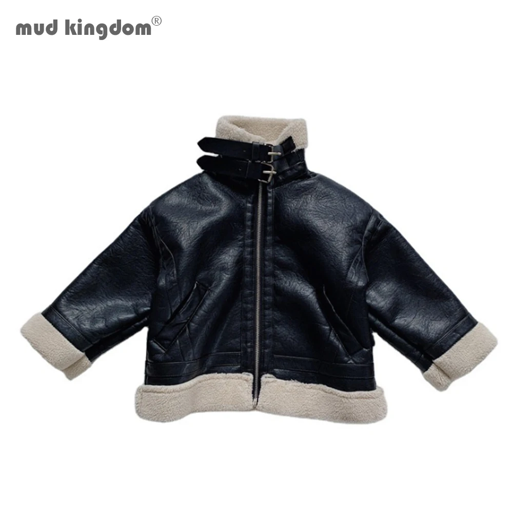 Mudkingdom/Зимняя мода для девочек мягкие с меховой подкладкой утепленные кожаные куртки Girlskids детей Пальто на
