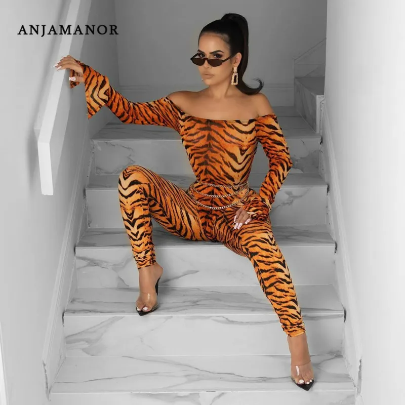 ANJAMANOR с принтом тигра открытыми плечами длинным рукавом Облегающий комбинезон