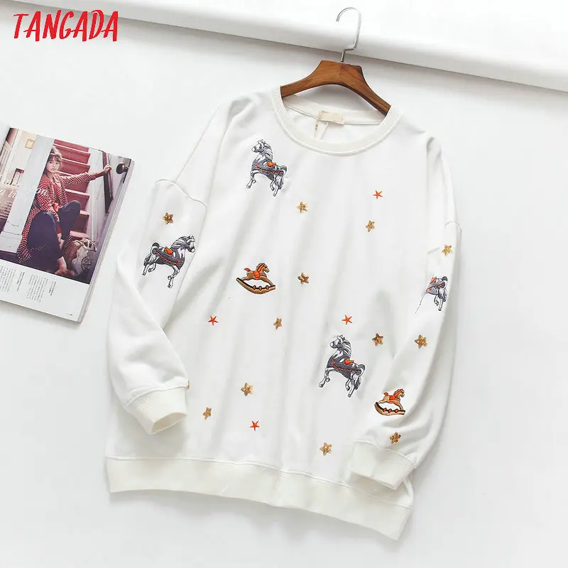  Tangada women grey animal embroidery oversized hoodie pullovers high street loose sweatshirt long s