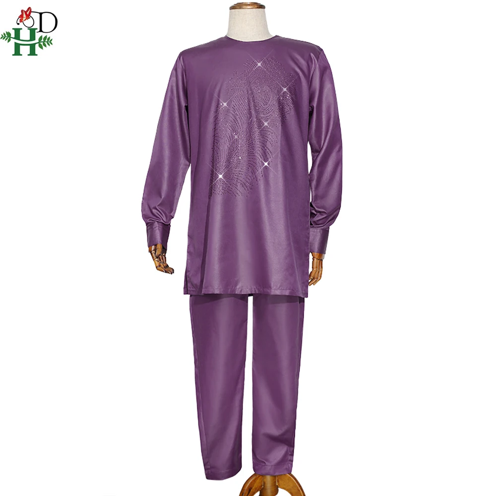 H&D, Южноафриканская Дашики, одежда для мужчин, стразы, рубашка, брюки, костюм, Мужская традиционная одежда, Бубу, племенная вышитая одежда - Цвет: Фиолетовый