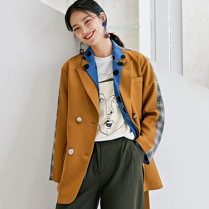 

S5433 Autumn New Style WOMEN'S Dress South Korea Dongdaemun Origional Design Loose-Fit Slimming Plaid Stitching Suit Jacket Wome