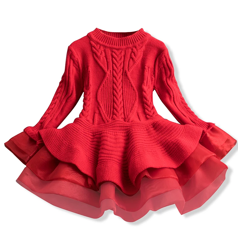 Осенне-зимние детские платья для девочек, вязаный длинный костюм с рукавами, красное рождественское платье, одежда на год, повседневная одежда для детей 3-8 лет, Vestido