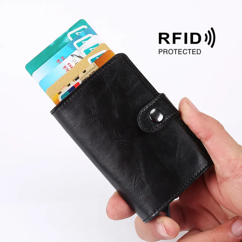 

2019 RFID Protection Credit Card Holder Men Women Metal Anti RFID Vintage Aluminium Box PU Leather Fashion Card Wallet