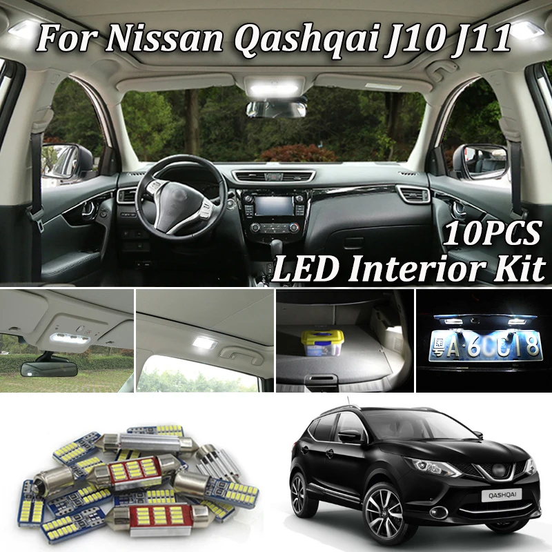 10Pcs Canbus Error Free For 2007- 2016 2017 2018 2019 Nissan Qashqai J10 J11 LED bulb Interior Roof Reading map dome light kit | Автомобили