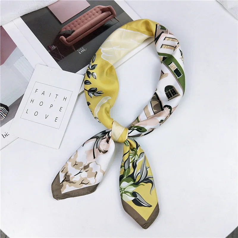 townyellow 70*70 бант цветы принты Женская шаль Новая мода Шелковый шарф атласный маленький квадратный мешок декоративный платок - Цвет: townyellow