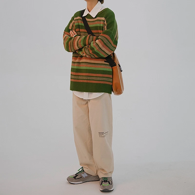 Autumn Striped Sweater Men Fashion Contrast Color Casual Knit Sweaters Men Loose Long-sleeved Pullover Sweter Man Clothes M-2XL