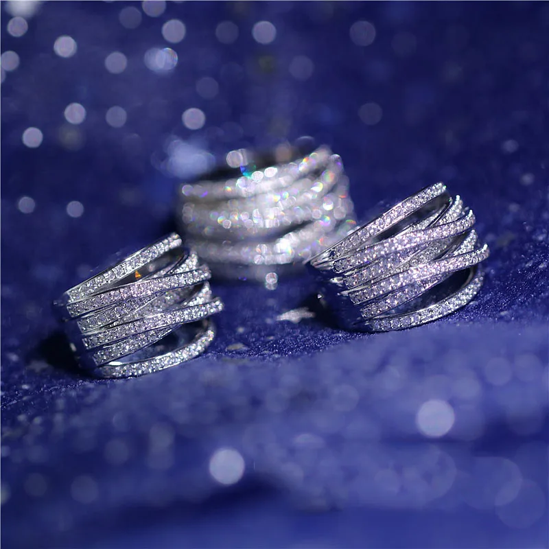 

925 Anillos Silver Rose Gold Fashion Banquet Exaggerated Lady Ring Multilayer Retro Silver Cross Zirconia Micro Wedding Bride