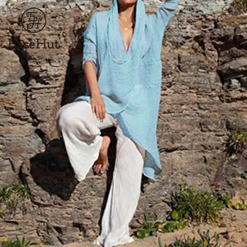 

EaseHut Women Vintage Asymmetrical Blouse Draped V Neck Long Sleeve Loose Casual Robes Fashion Retro Thin Cover Ups Plus Size