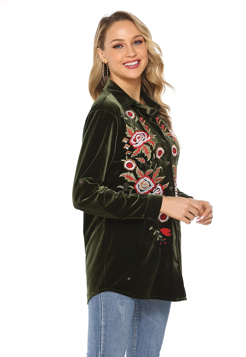Женские блузки, Осень-зима, женская одежда с длинным рукавом и вышивкой, модные облегающие топы в западном стиле, Женская бархатная рубашка