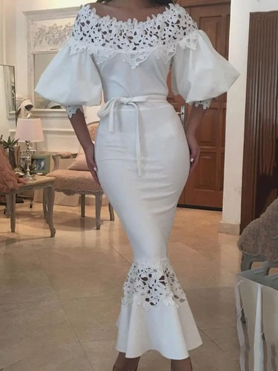 Summer Fall Women Hollow Out Office Work Dress Ladylike Midi White Bodycon Dress Sheath Fashion Puff Sleeve Lace Dress