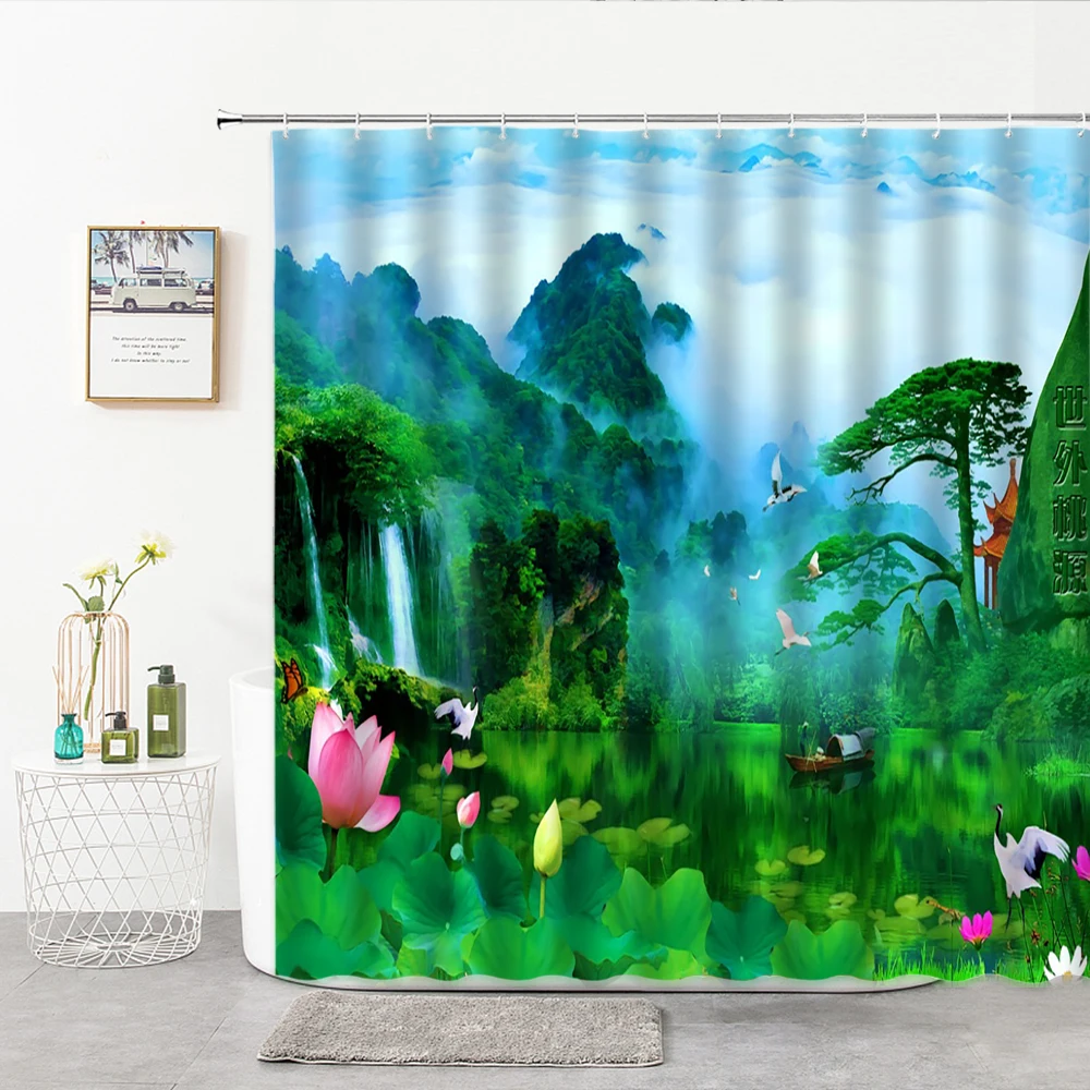 Stampa 3D Green Hills E Acque Verdi Tenda Da Doccia Con Gru Bianca Tende Da Bagno Schermo Per Vasca Da Bagno In Poliestere Decorazioni Per La Casa Con