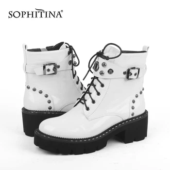 

SOPHITINA Fashion Boots High Quality Genuine Leather Lace-up Comfortable Square Heel Shoes Women's Ankle Motorcycle Boots SC434