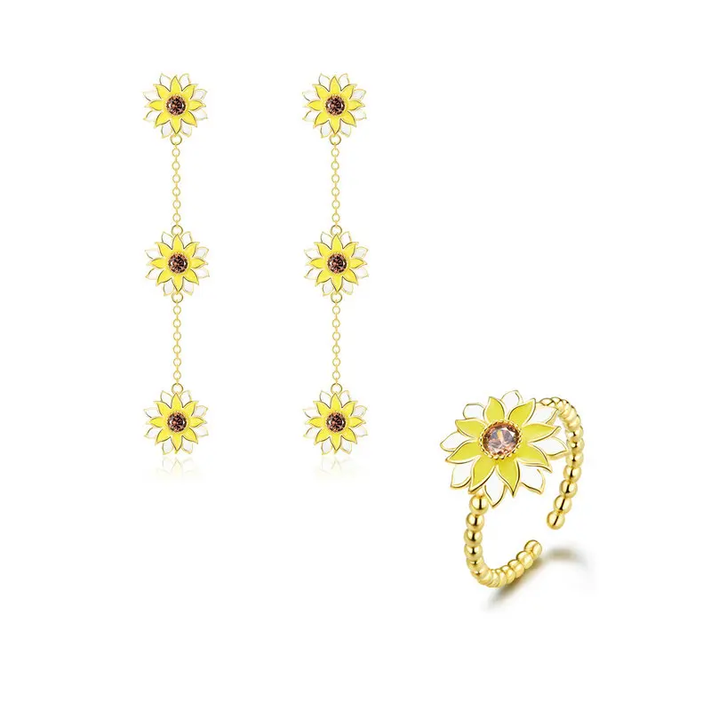 

BISAER Jewelry Set Real 925 Sterling Silver Plant Sunflower Pattern Enamel Cubic Zircon Earrings+Ring Fashion Jewelry HPS131
