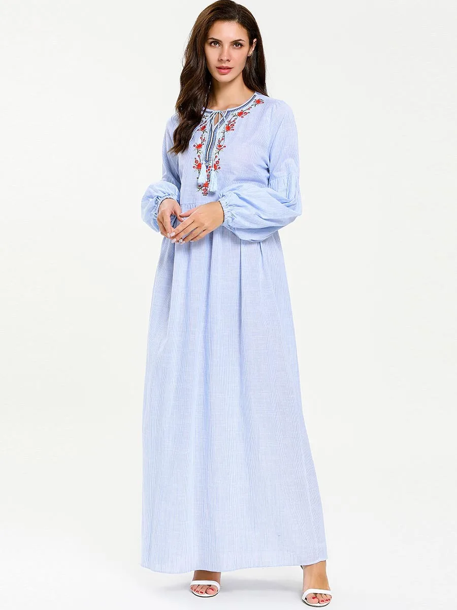 Abaya Femme/женское платье большого размера, модное простое плиссированное платье с длинными рукавами, турецкое платье с вышивкой