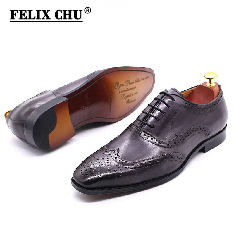 Size 7-13 Handmade Mens Wingtip Oxford Shoes Grey Genuine Leather Brogue Men's Dress Shoes Classic Business Formal Shoes for Men