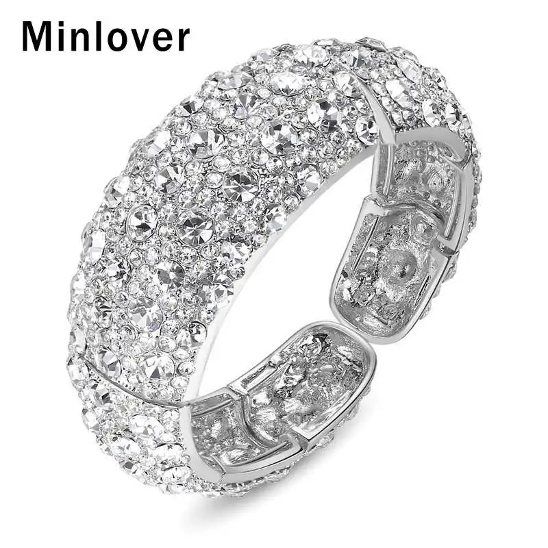 Minlover высокое качество Золото Серебро Цвет широкие Открытые Браслеты для женщин Кристалл Свадебные манжеты Регулируемый браслет украшение MSL424