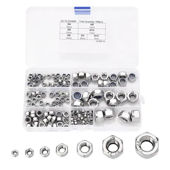 

165pcs Assortment Nylon Nut sets, A2-70 Stainless Steel, incl. M3, M4, M5, M6 M8 M10 M12 in a Durable Compartment Box
