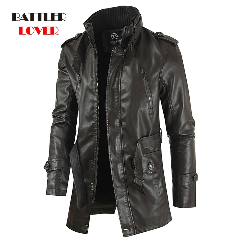Men Winter Thick Fleece Jacket Leather Overcoat for Male Fashion Long Warm Outwear Casual Vintage Steampunk Biker Brand Clothing