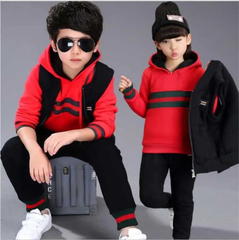 Autumn children's clothes boys and girls new children's sanitary clothes three-piece suit with velvet medium-sized children