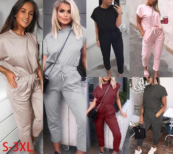 

KALENMOS Tracksuit Women Sets 2 Piece Summer Sports Jogger Solid Short Sleeve Sweatshirt Sportswear Trousers Suits Plus Size