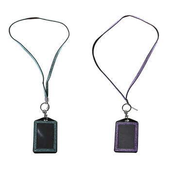 

2 Pcs Rhinestone Bling Crystal Custom Lanyard Vertical ID Badge Holder (Light Blue & Red)