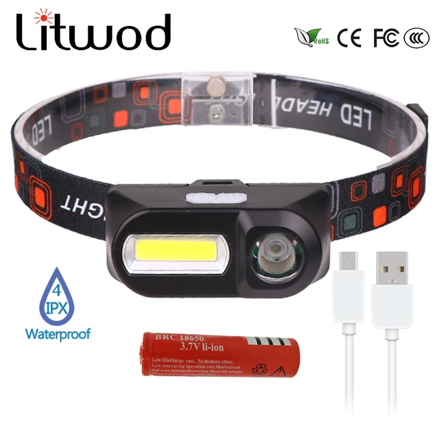 US $3.33 Litwod Mini COB LED Headlight Headlamp Head Lamp Flashlight USB Rechargeable 18650 Torch Camping Hi