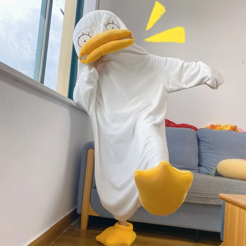 

Flannel One Piece Hooded Jumpsuits for Adult Couple Lover Duck Pajamas Cartoon Pajamas Onesies Robe Nightgown Sleeping Bag