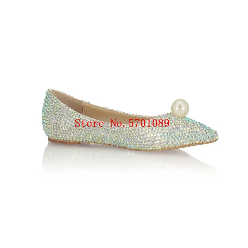 

New Colorful Rhinestone Pointed Toe Pearl Shoes Lady Bride Bridesmaid Princess Fashion Flat Shoes Crystal Diamonds Slip On Shoes