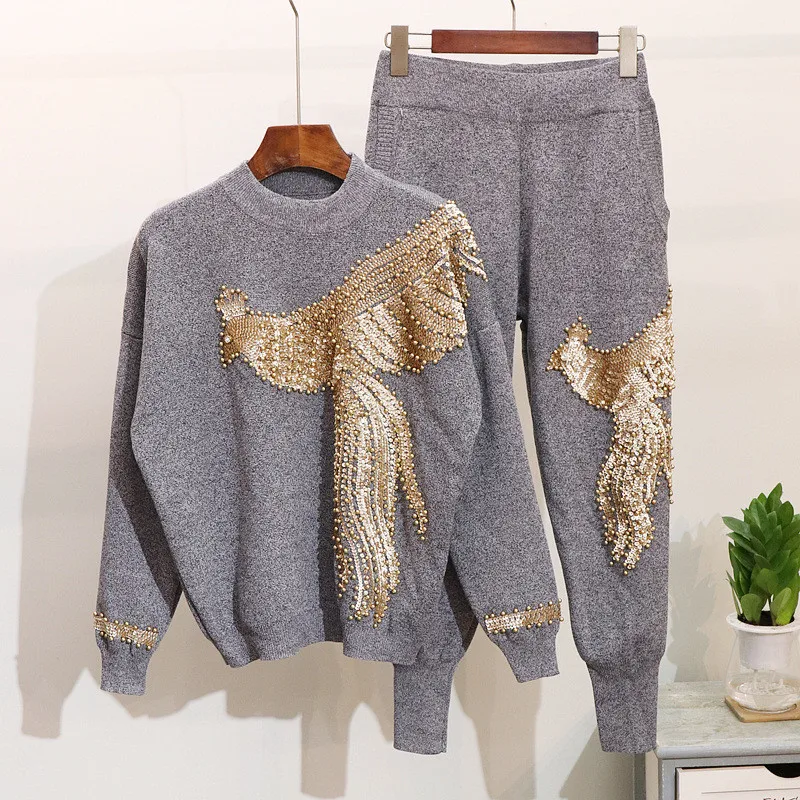 High QQuality Women Autumn Winter Beading Sequined Pattern Long Sleeve Knitted Pullover Tops Trousers 2PCS Clothing Sets - Цвет: gray