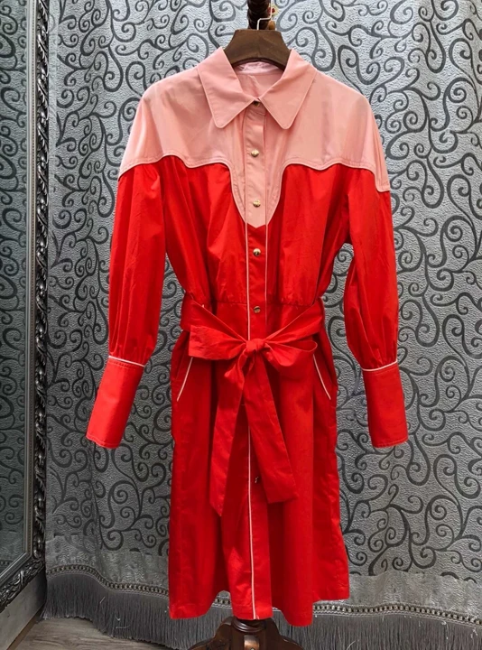 

2019 Early Autumn New Female Turn-over Colour Mosaic Lace-up Dress 822 with Received Waist and Long Sleeve