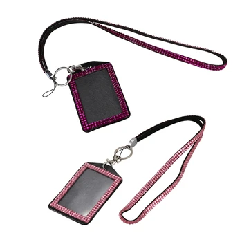 

2x Rhinestone Bling Crystal Custom Lanyard Vertical ID Badge Holder (Pink&Rose Purple)