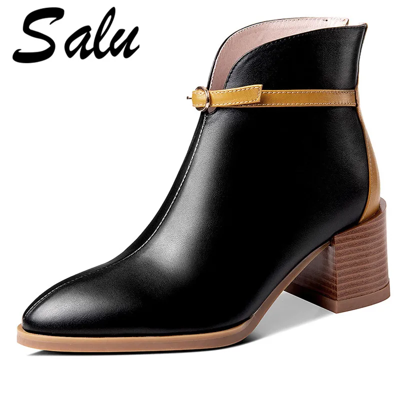

Salu Autumn Winter New Fashion Pointed Toe High Heels Women Ankle Boots Genuine Leather Chelsea Boots Party Office Basic Shoes