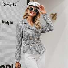 Simplee チェック柄擦り切れエッジツイードジャケットコート女性 v ネックダブルブレストボタンベルト女性のコート長袖生き抜くブレザーコート(China)