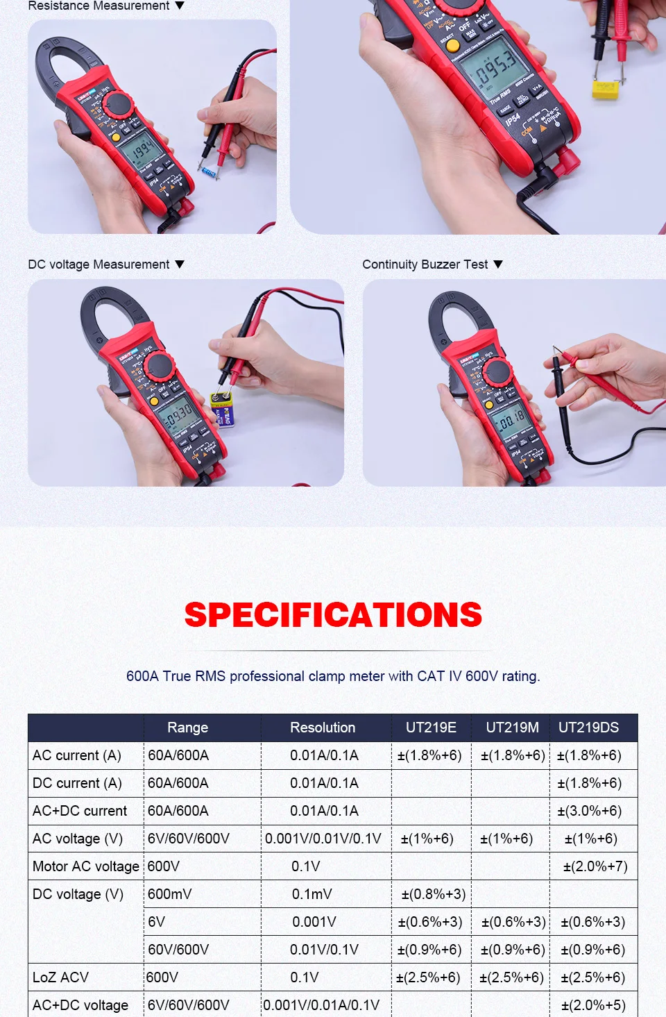 UNI-T UT219E UT219M UT219DS 600A true RMS профессиональные клещи IP54 пыли/водонепроницаемый амперметр, LoZ напряжение HVAC инструмент для ремонта